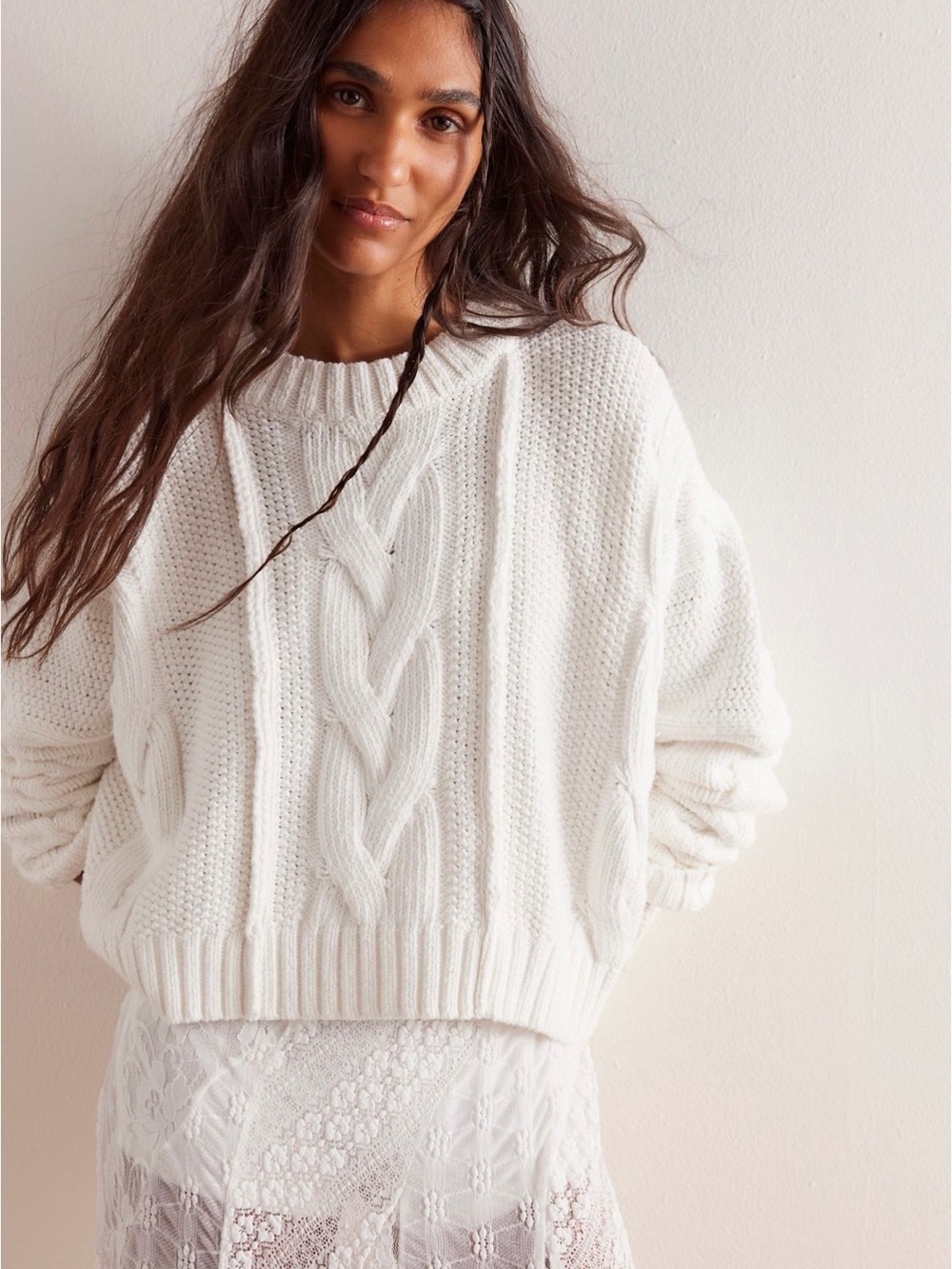 We the Free optic white Cable Knit Sweater